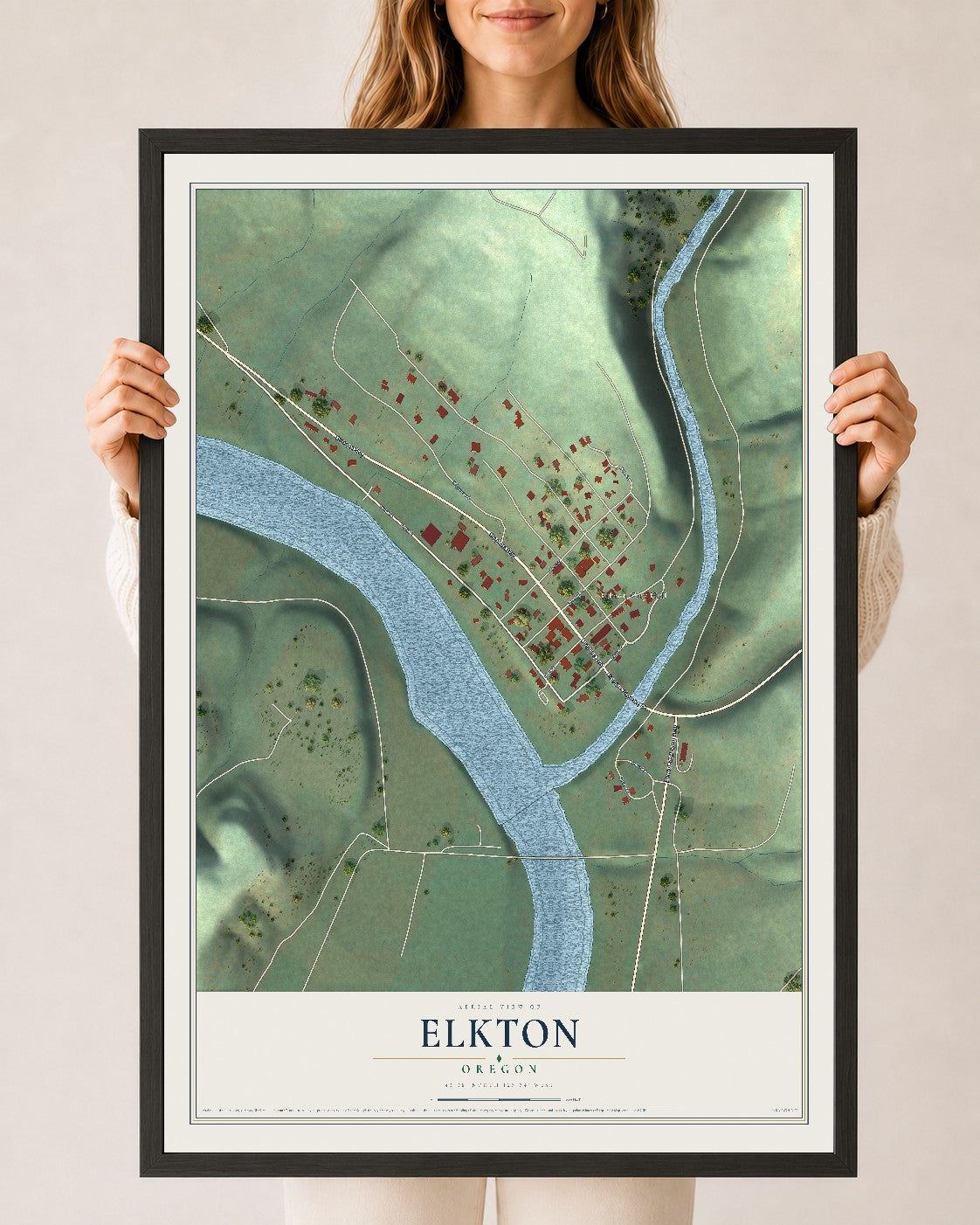 Map of Elkton, Oregon, 24 x 36 inch print in a black wood frame