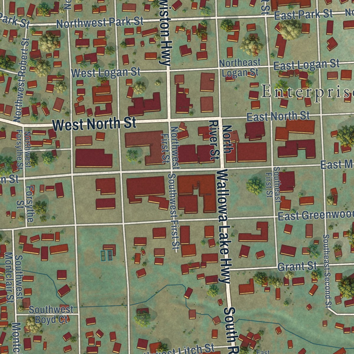 Close-up of the map of Enterprise, Oregon print showing street and building detail