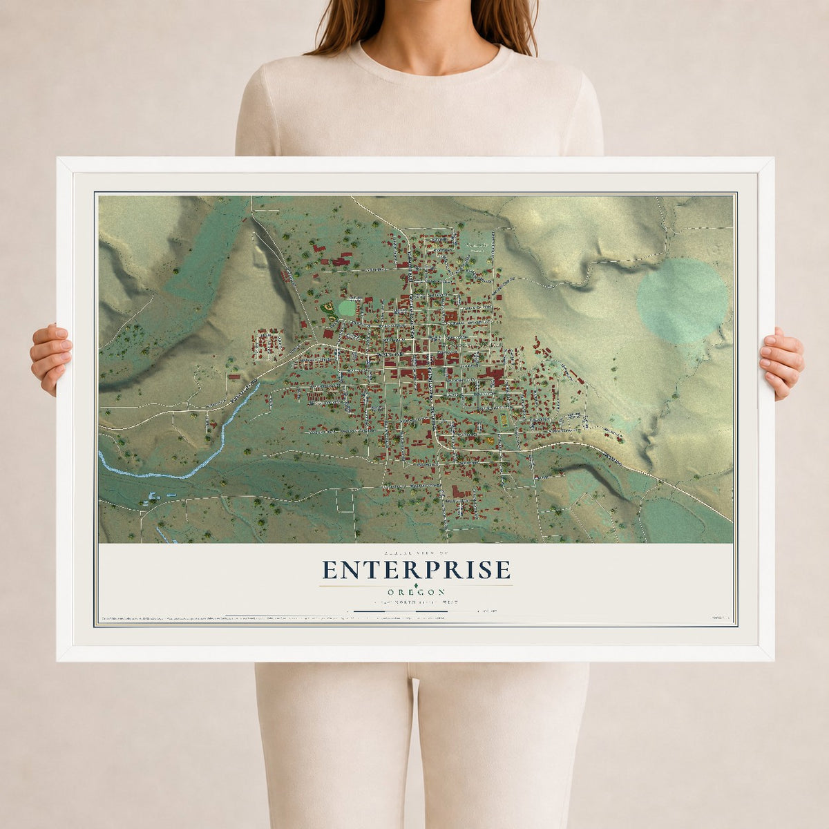 Map of Enterprise, Oregon, 24 x 36 inch print in a white wood frame