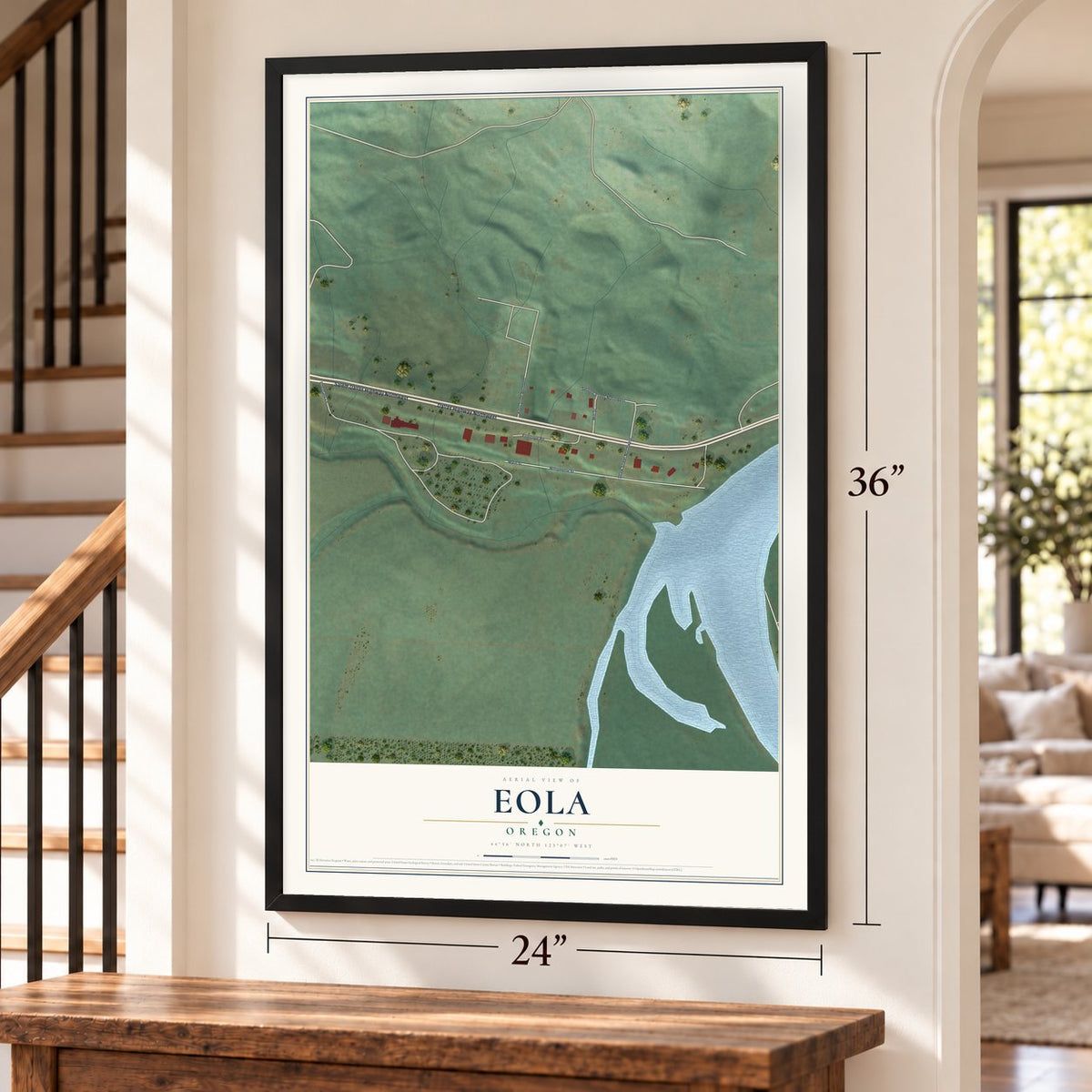 Eola, Oregon map, 24 x 36 inch print in a black frame by a staircase