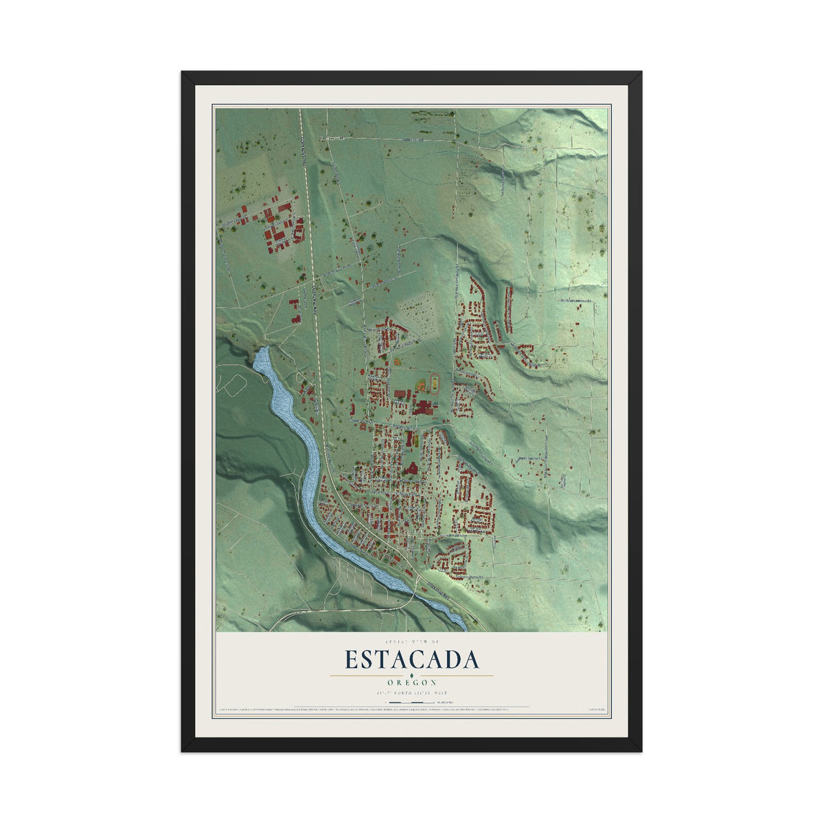 Map of Estacada, Oregon, 12 x 18 inch print in a black wood frame
