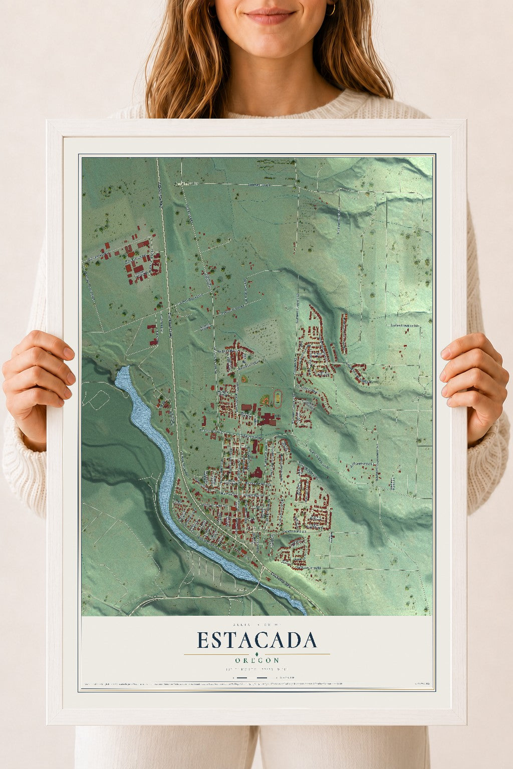 Map of Estacada, Oregon, 18 x 24 inch print in a white wood frame
