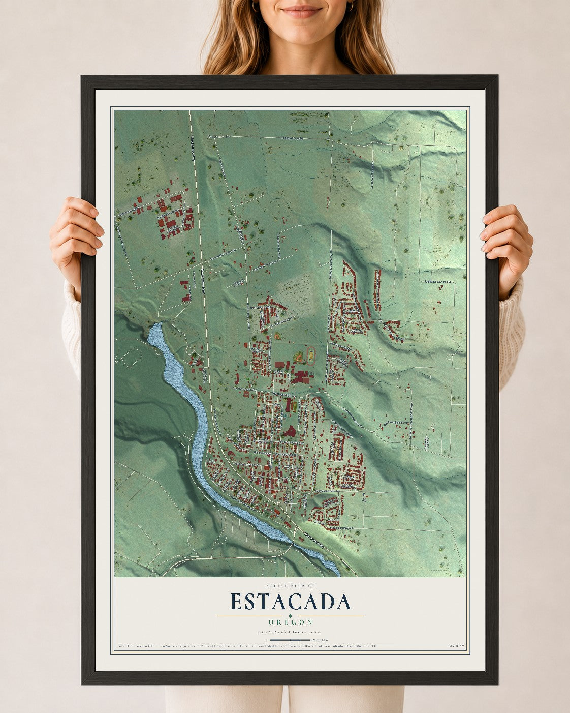 Map of Estacada, Oregon, 24 x 36 inch print in a black wood frame