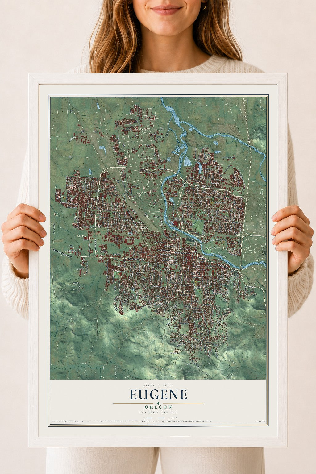 Map of Eugene, Oregon, 18 x 24 inch print in a white wood frame