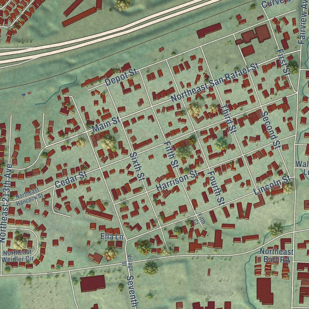 Close-up of the map of Fairview, Oregon print showing street and building detail