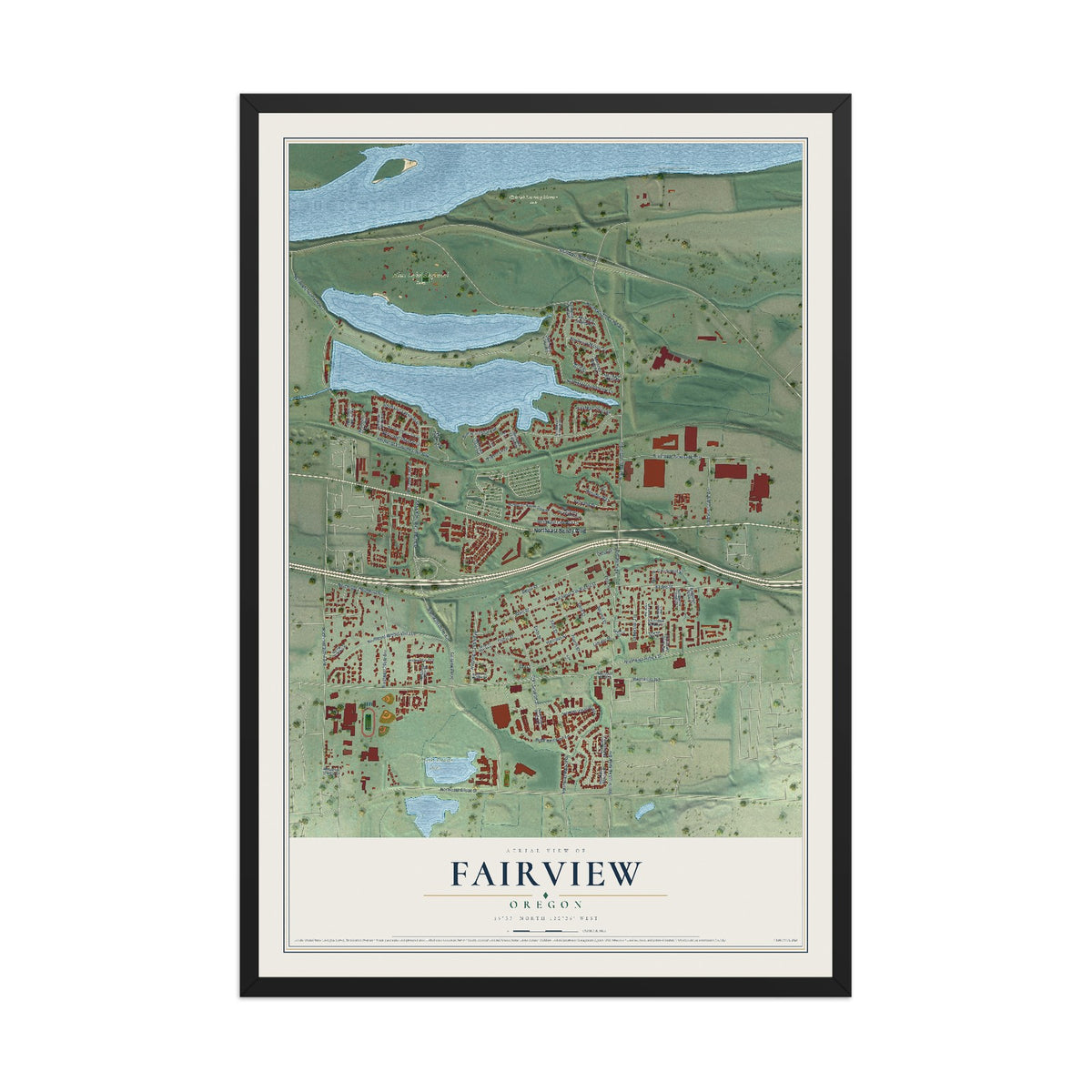 Map of Fairview, Oregon, 12 x 18 inch print in a black wood frame