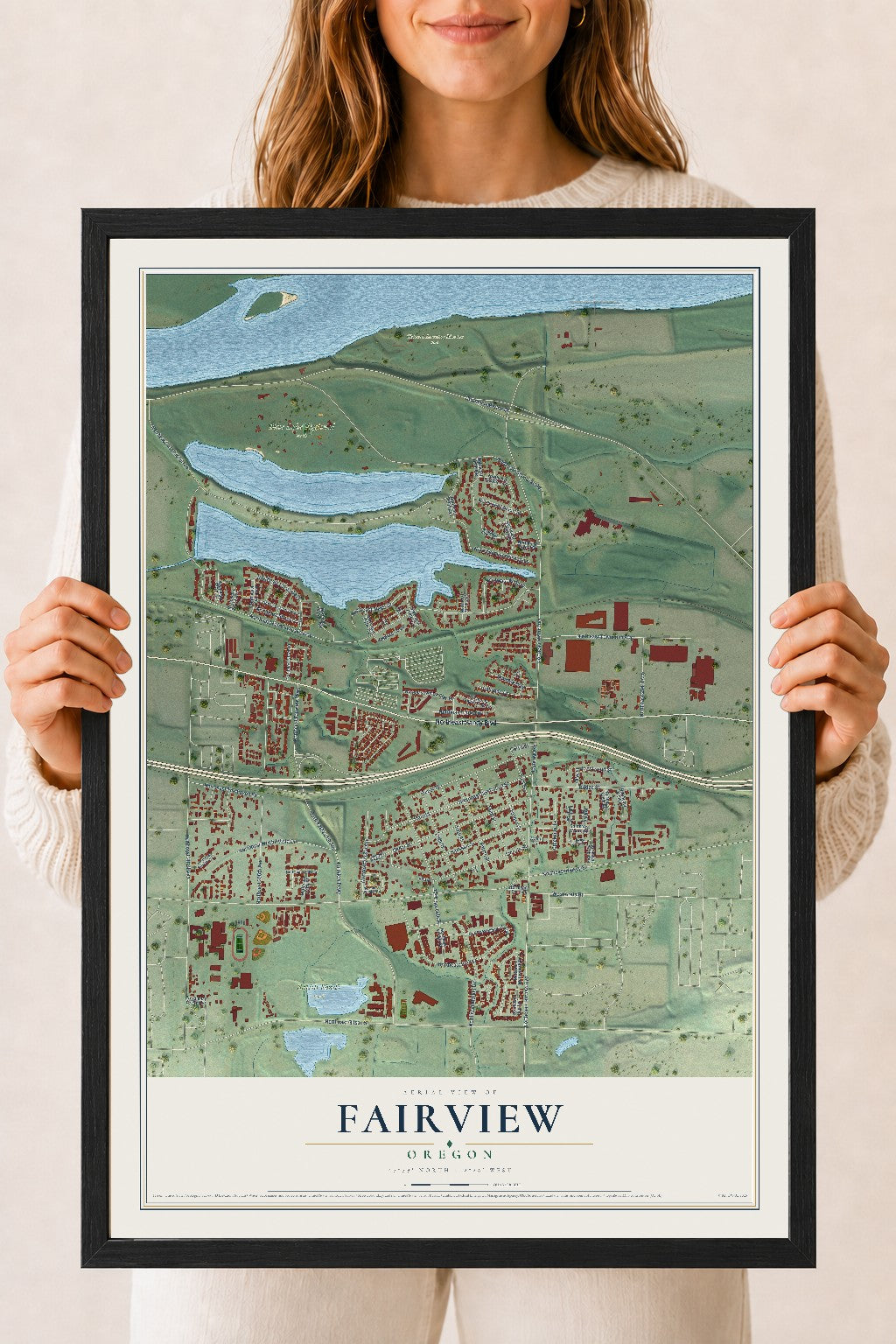 Map of Fairview, Oregon, 18 x 24 inch print in a black wood frame