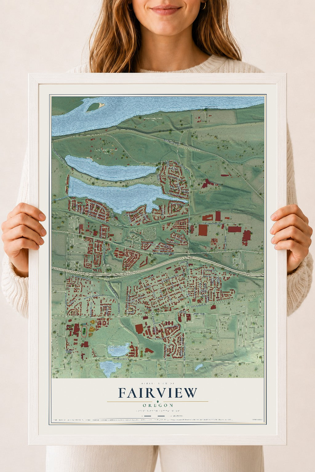 Map of Fairview, Oregon, 18 x 24 inch print in a white wood frame