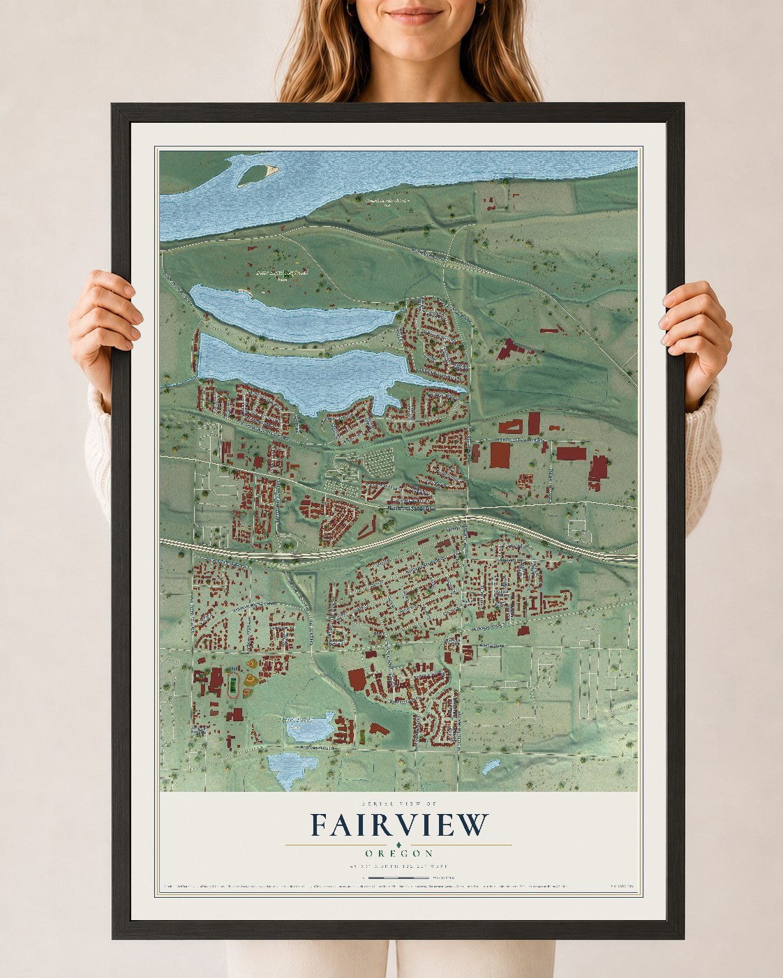 Map of Fairview, Oregon, 24 x 36 inch print in a black wood frame