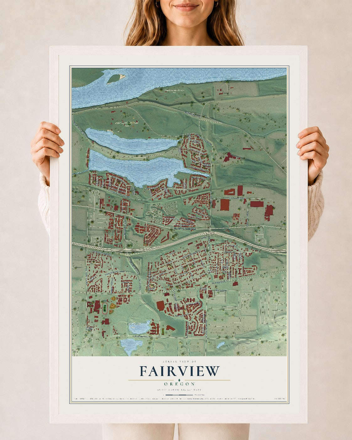 Map of Fairview, Oregon, 24 x 36 inch print in a white wood frame