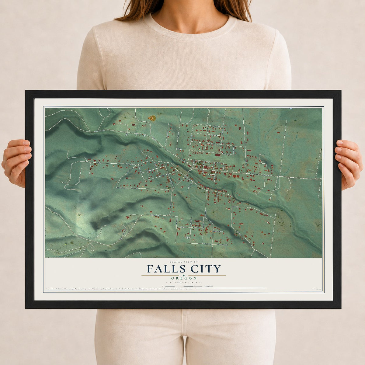 Map of Falls City, Oregon, 12 x 18 inch print in a black wood frame