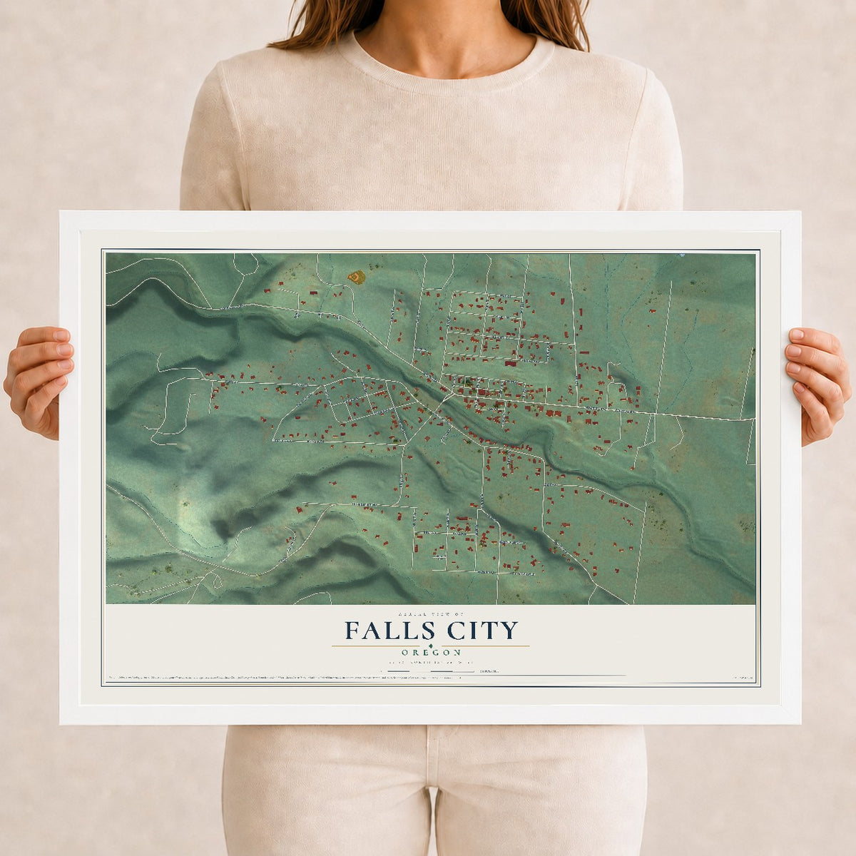 Map of Falls City, Oregon, 12 x 18 inch print in a white wood frame
