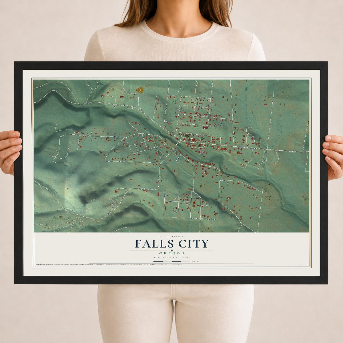 Map of Falls City, Oregon, 18 x 24 inch print in a black wood frame
