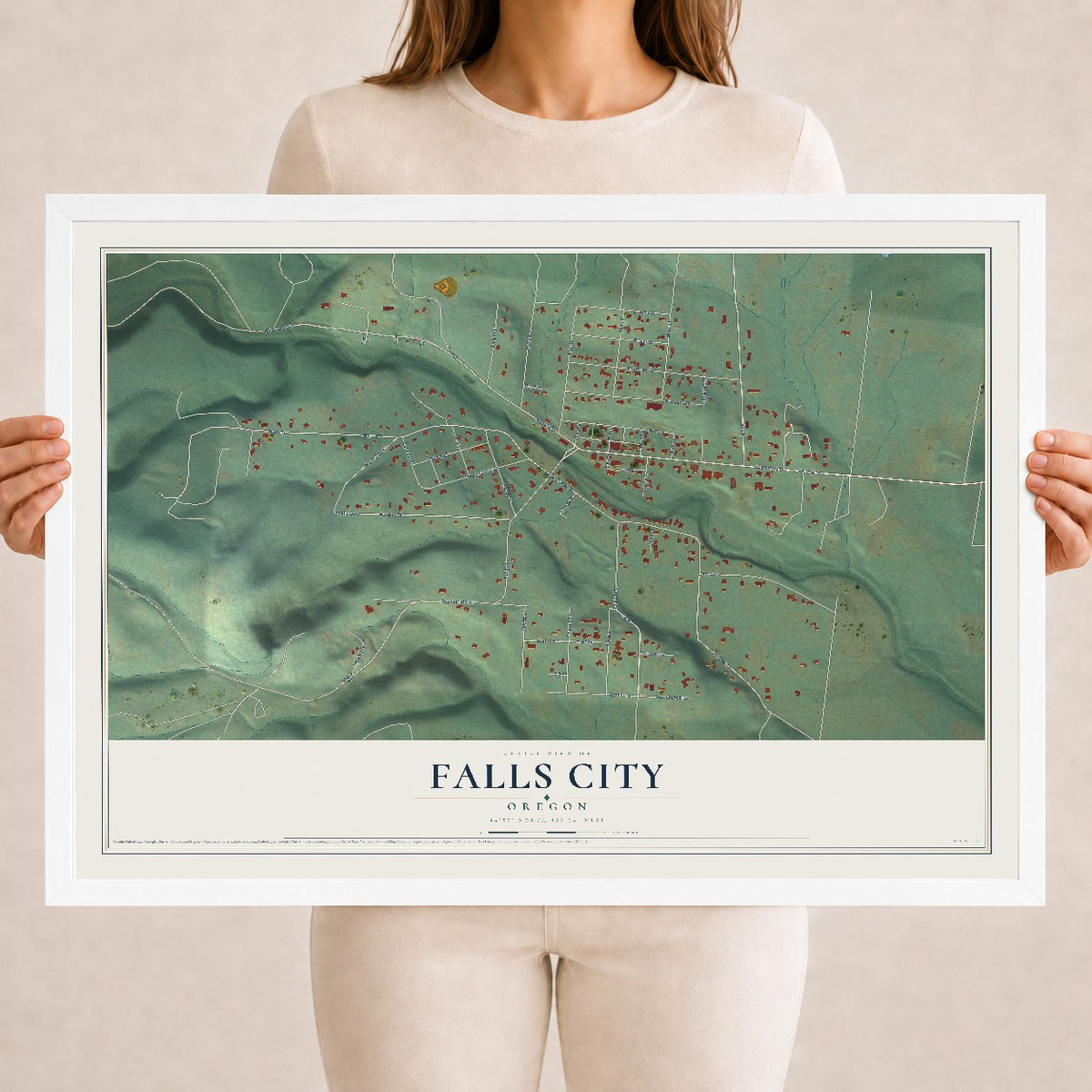 Map of Falls City, Oregon, 18 x 24 inch print in a white wood frame
