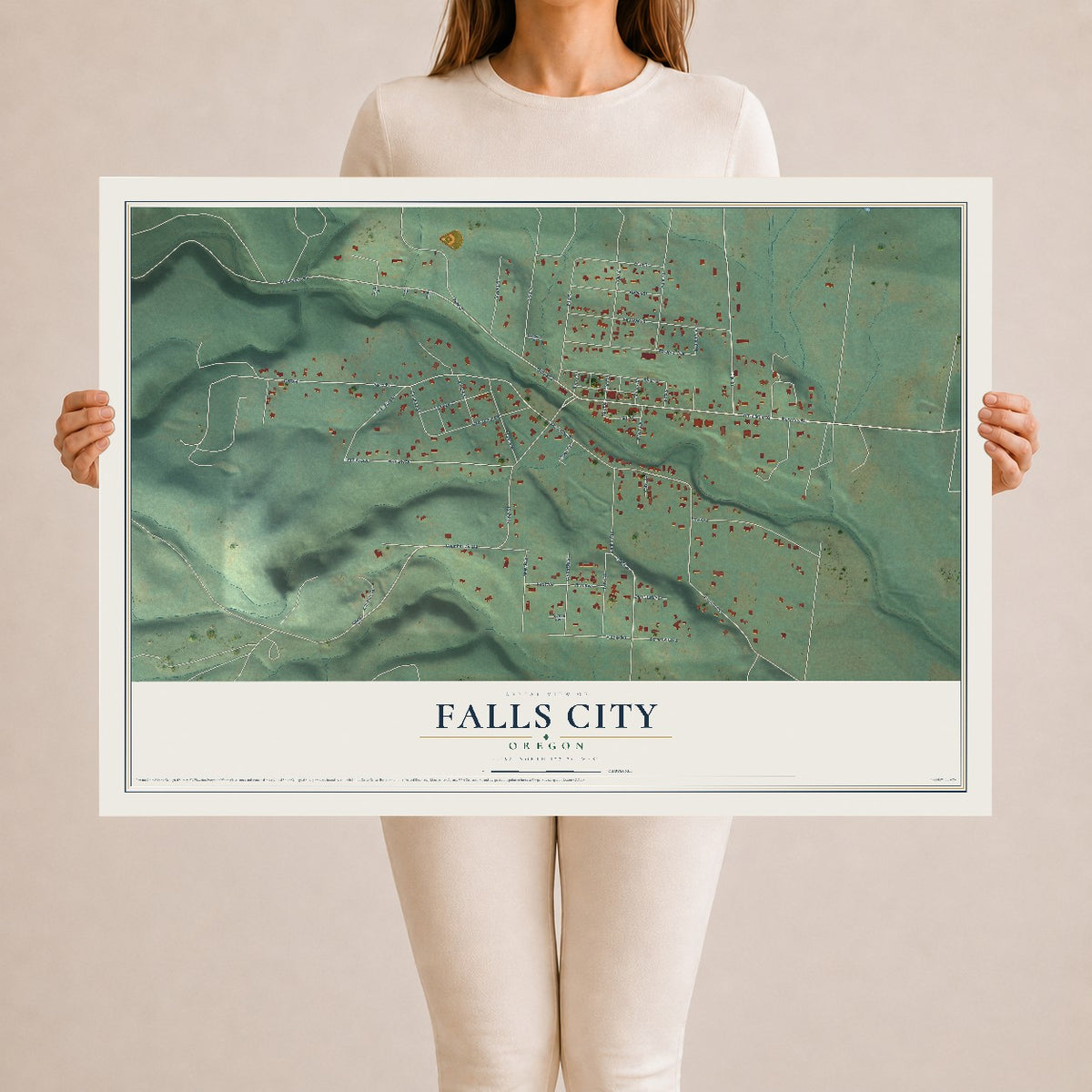 Map of Falls City, Oregon, 24 x 36 inch unframed archival matte print