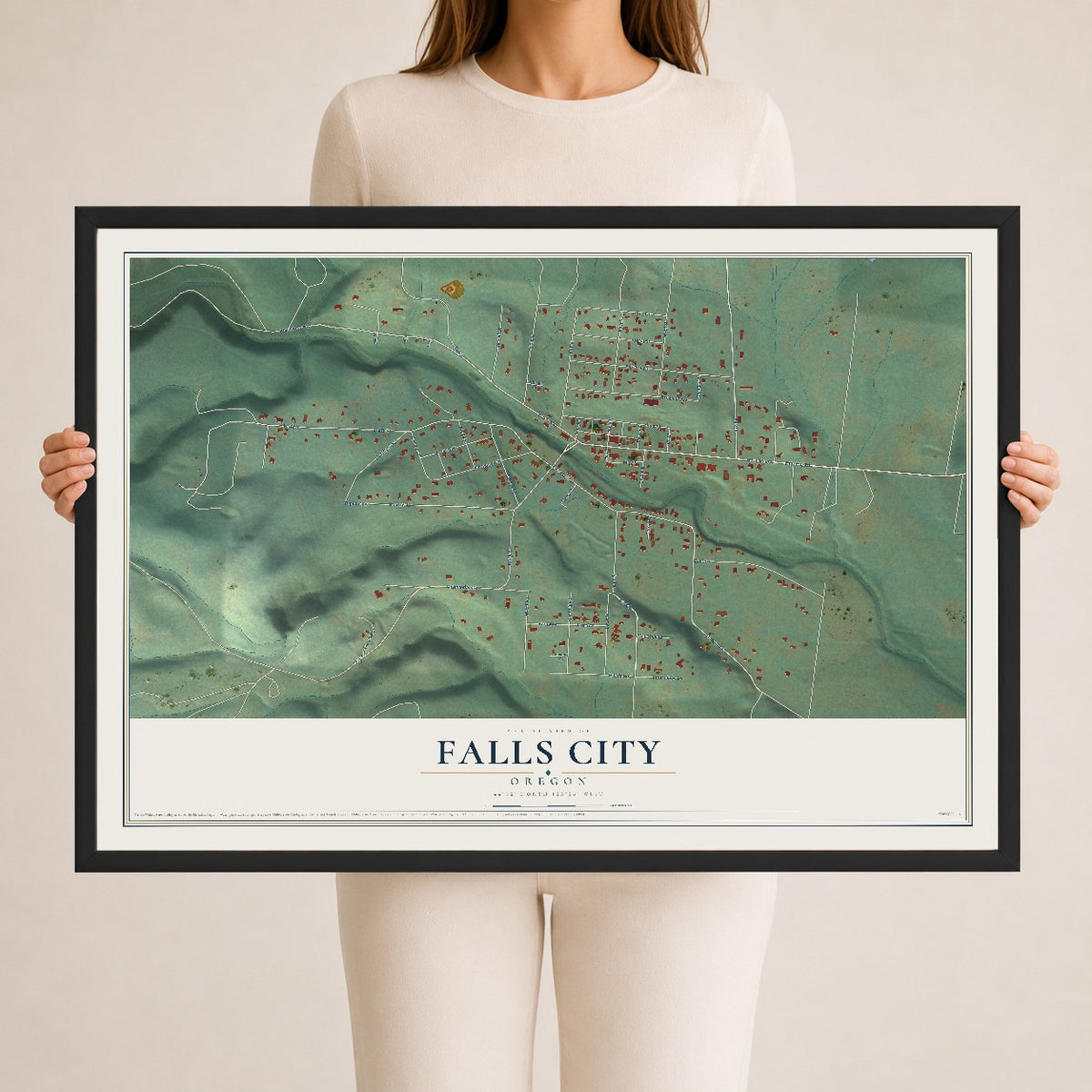Map of Falls City, Oregon, 24 x 36 inch print in a black wood frame
