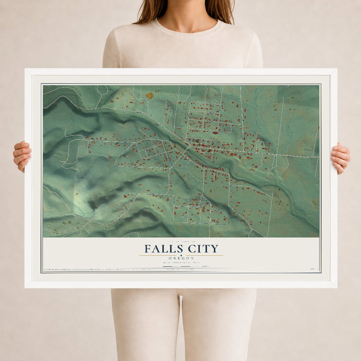 Map of Falls City, Oregon, 24 x 36 inch print in a white wood frame