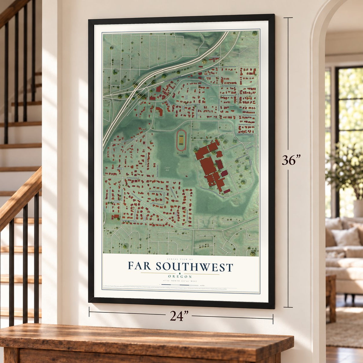 Far Southwest, Oregon map, 24 x 36 inch print in a black frame by a staircase