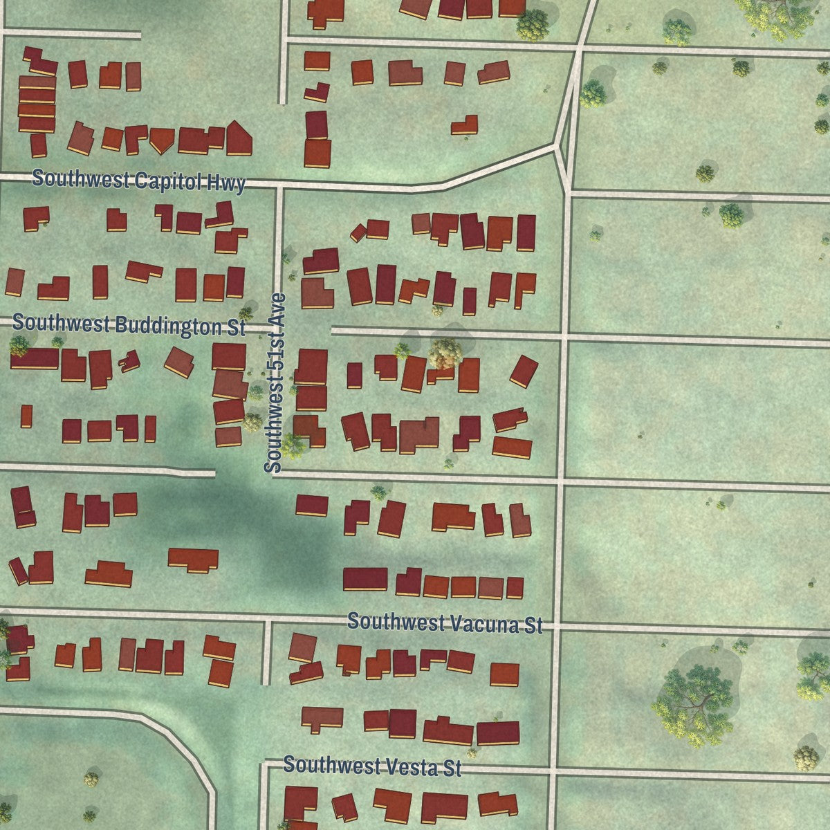 Close-up of the map of Far Southwest, Oregon print showing street and building detail