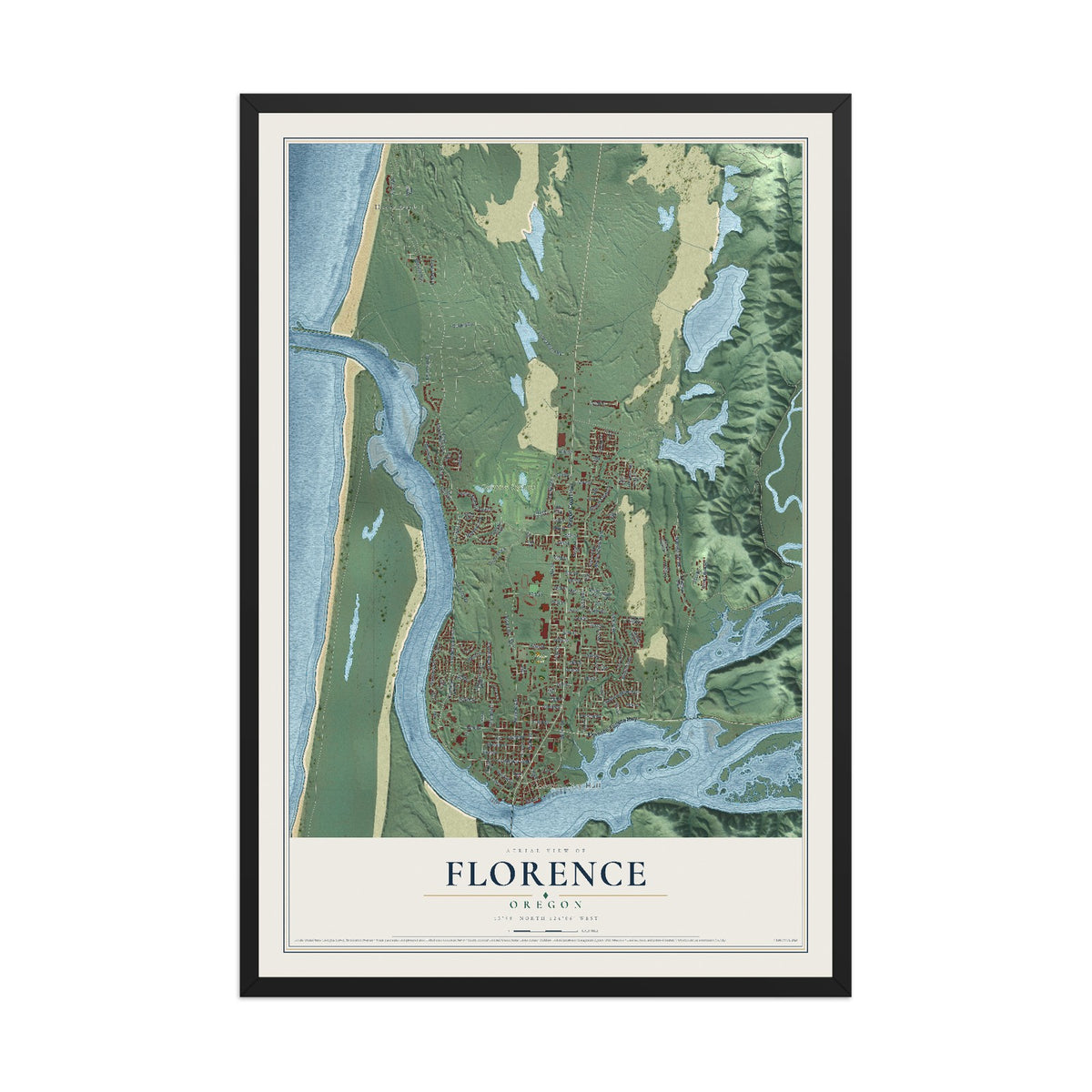 Map of Florence, Oregon, 12 x 18 inch print in a black wood frame