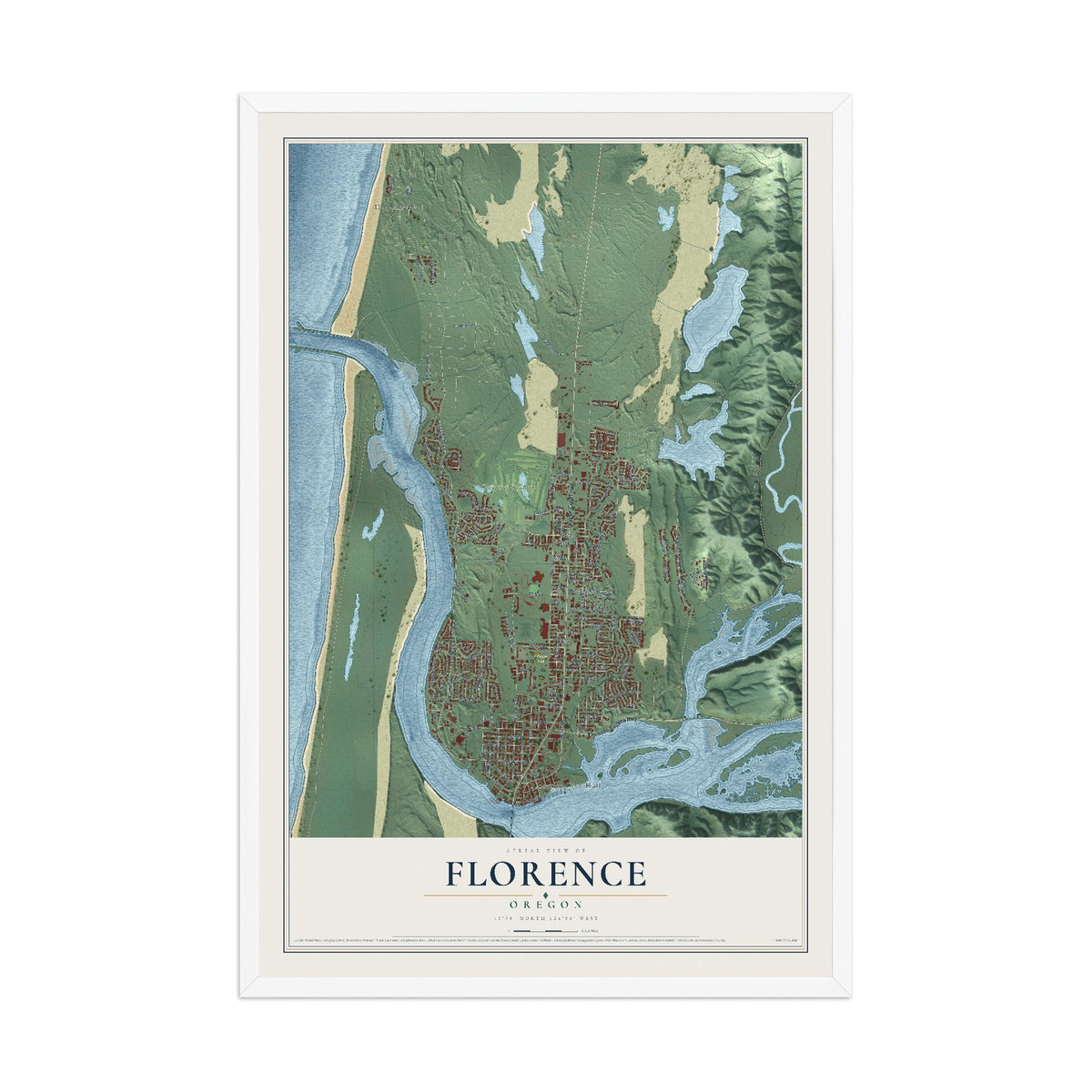 Map of Florence, Oregon, 12 x 18 inch print in a white wood frame