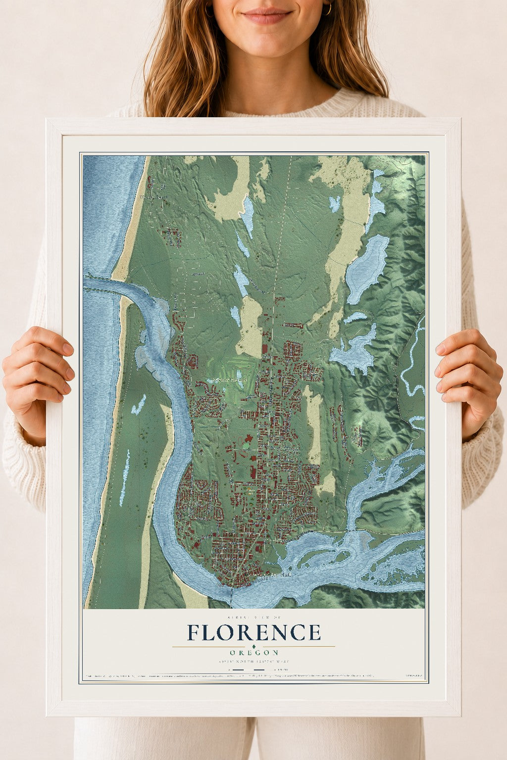 Map of Florence, Oregon, 18 x 24 inch print in a white wood frame