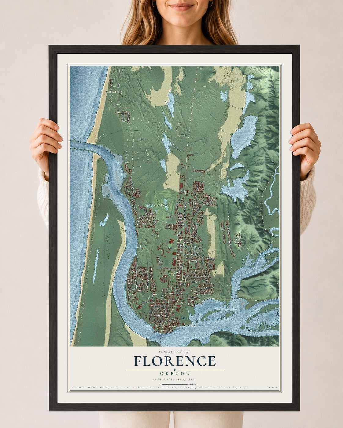 Map of Florence, Oregon, 24 x 36 inch print in a black wood frame