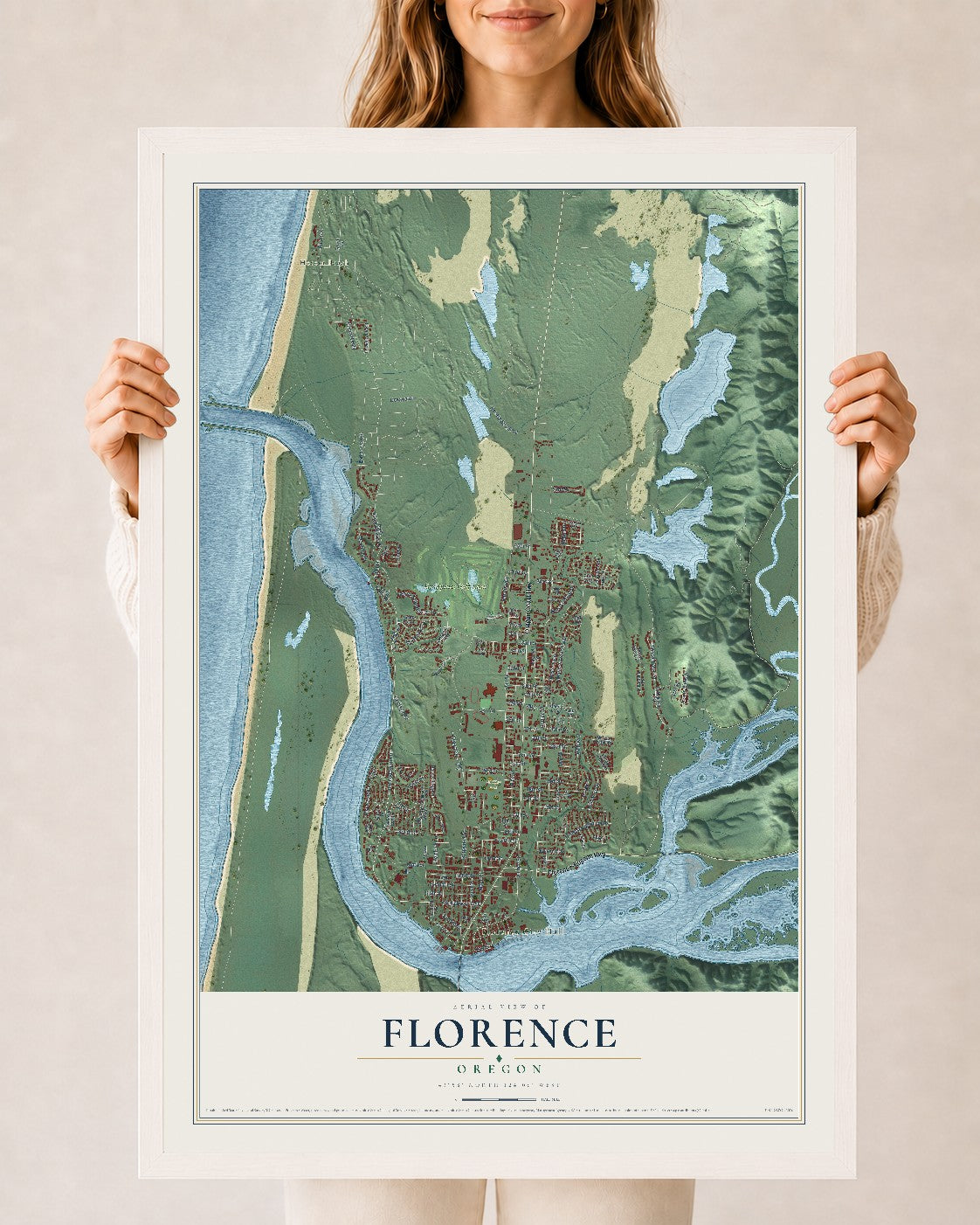 Map of Florence, Oregon, 24 x 36 inch print in a white wood frame