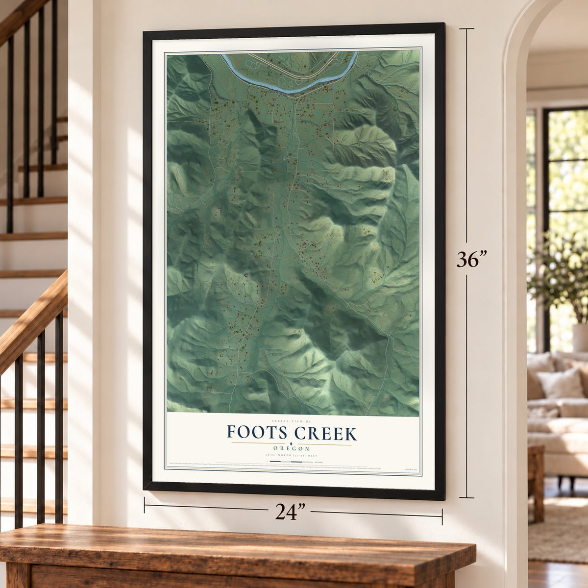 Foots Creek, Oregon map, 24 x 36 inch print in a black frame by a staircase