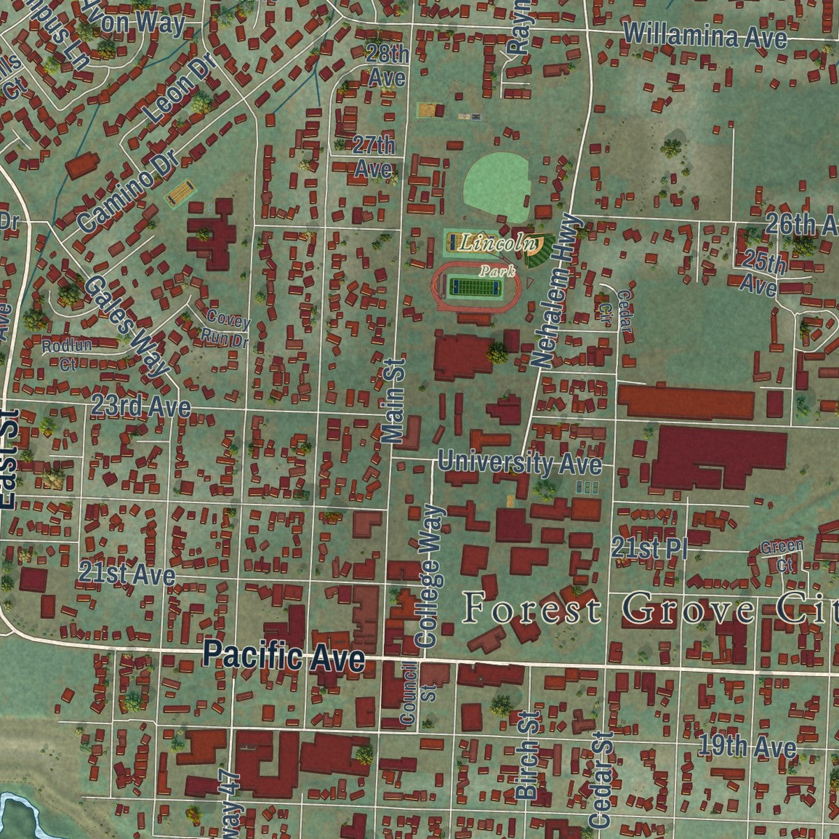 Second close-up of the map of Forest Grove, Oregon print showing more streets and buildings