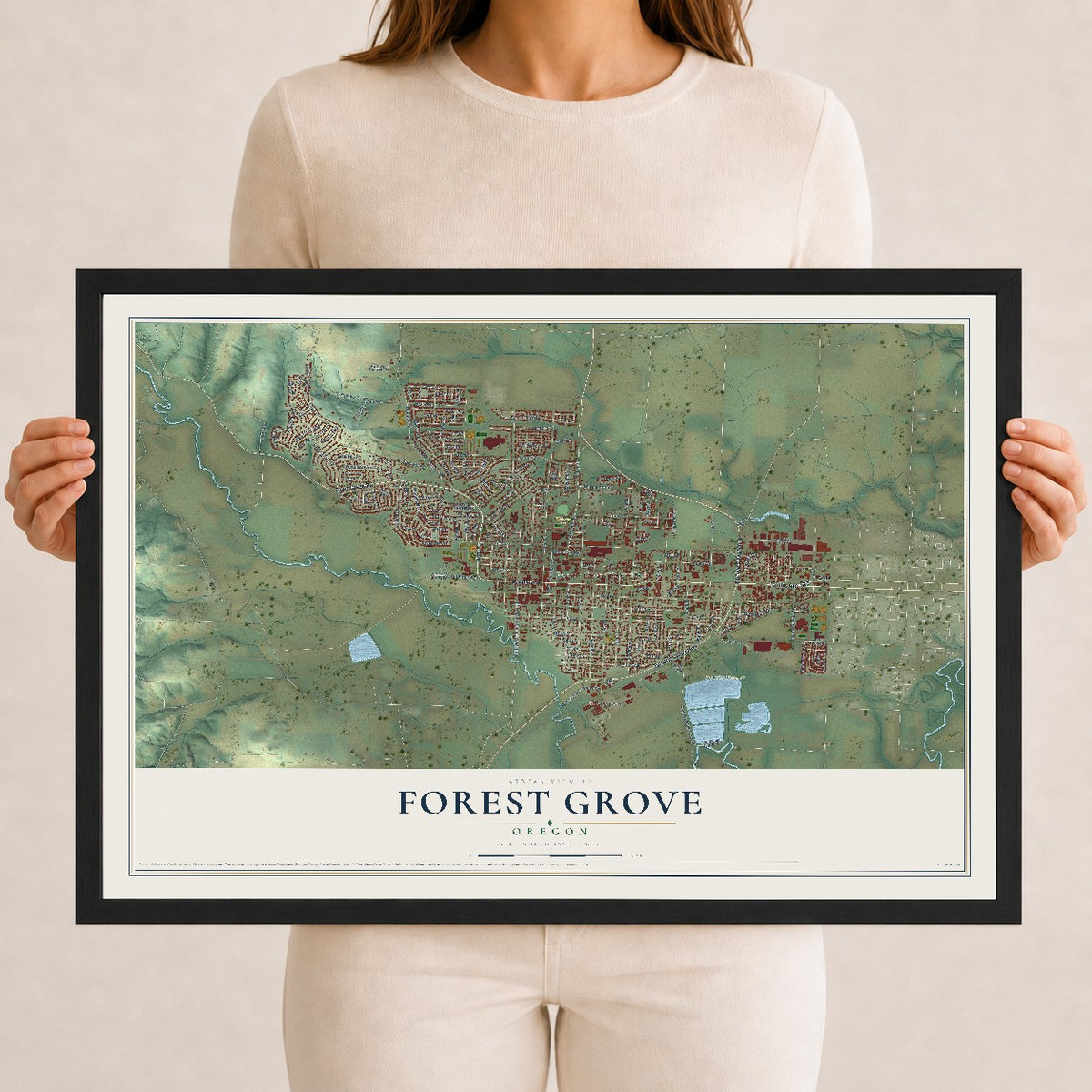 Map of Forest Grove, Oregon, 12 x 18 inch print in a black wood frame