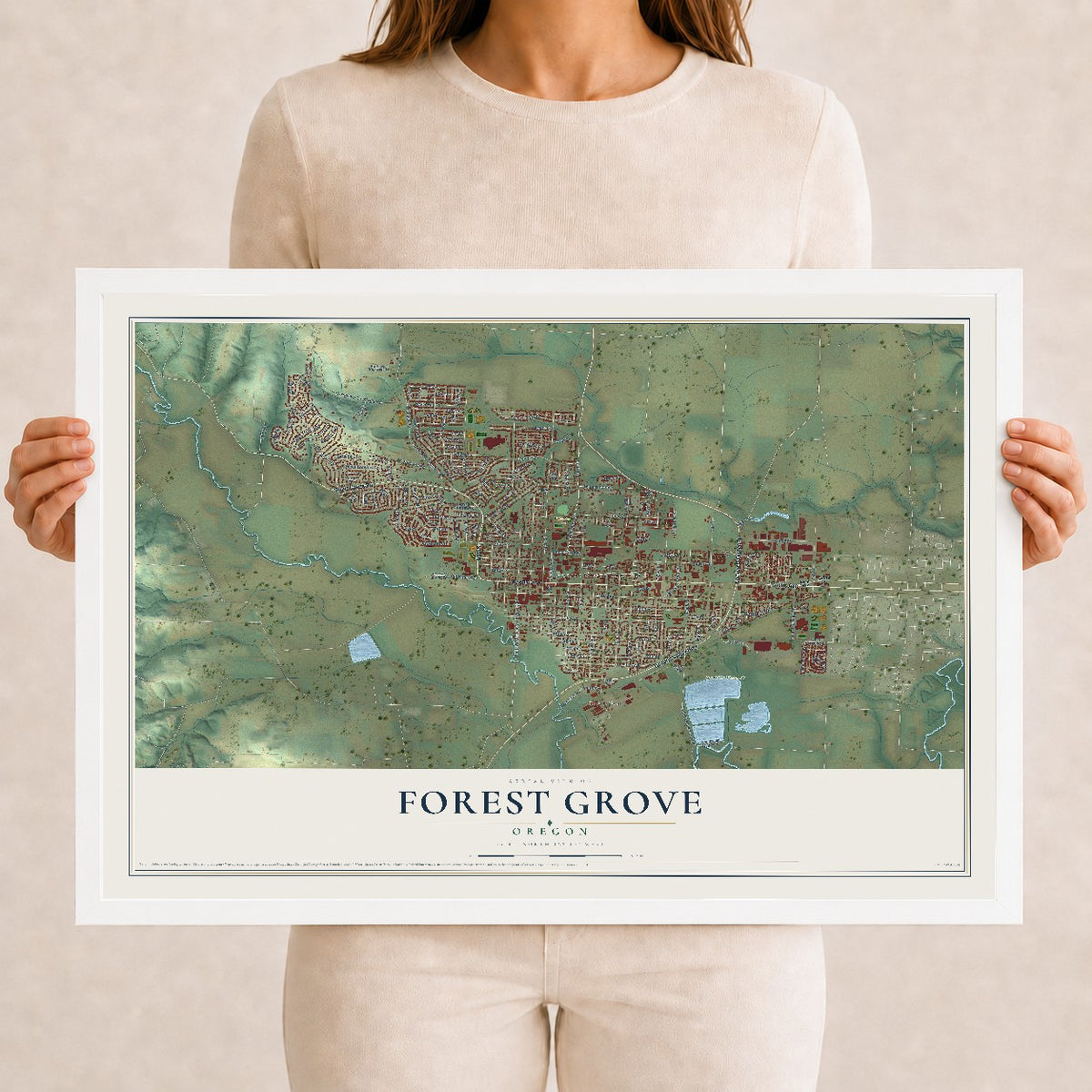 Map of Forest Grove, Oregon, 12 x 18 inch print in a white wood frame