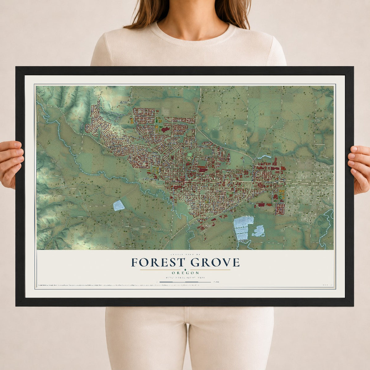 Map of Forest Grove, Oregon, 18 x 24 inch print in a black wood frame