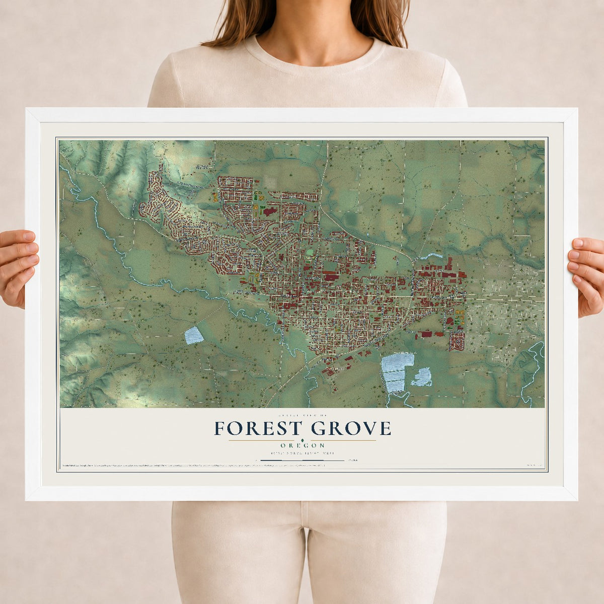 Map of Forest Grove, Oregon, 18 x 24 inch print in a white wood frame