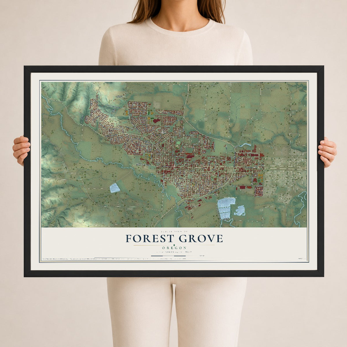 Map of Forest Grove, Oregon, 24 x 36 inch print in a black wood frame