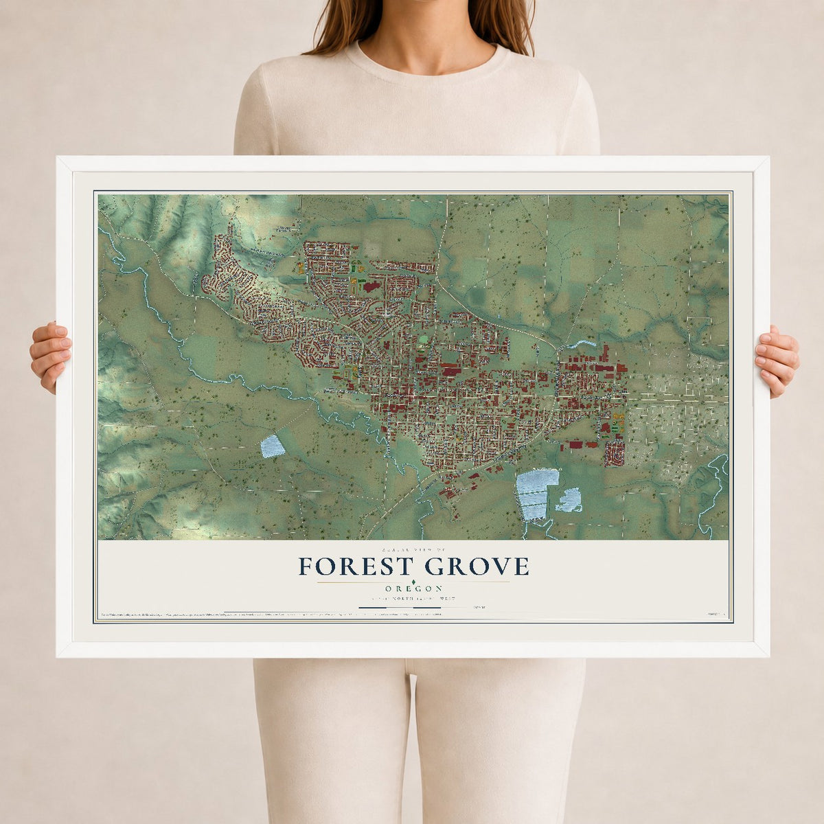 Map of Forest Grove, Oregon, 24 x 36 inch print in a white wood frame