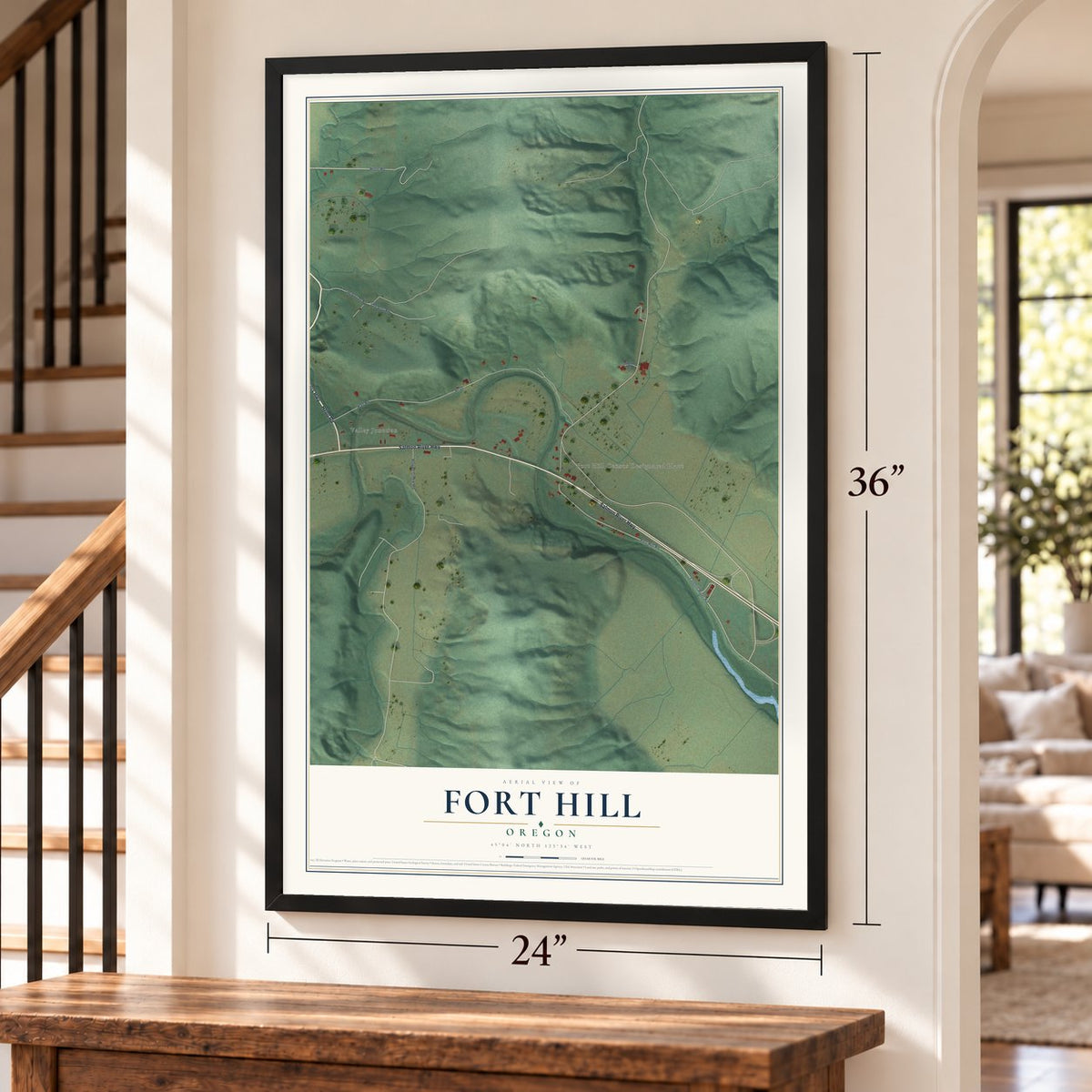 Fort Hill, Oregon map, 24 x 36 inch print in a black frame by a staircase