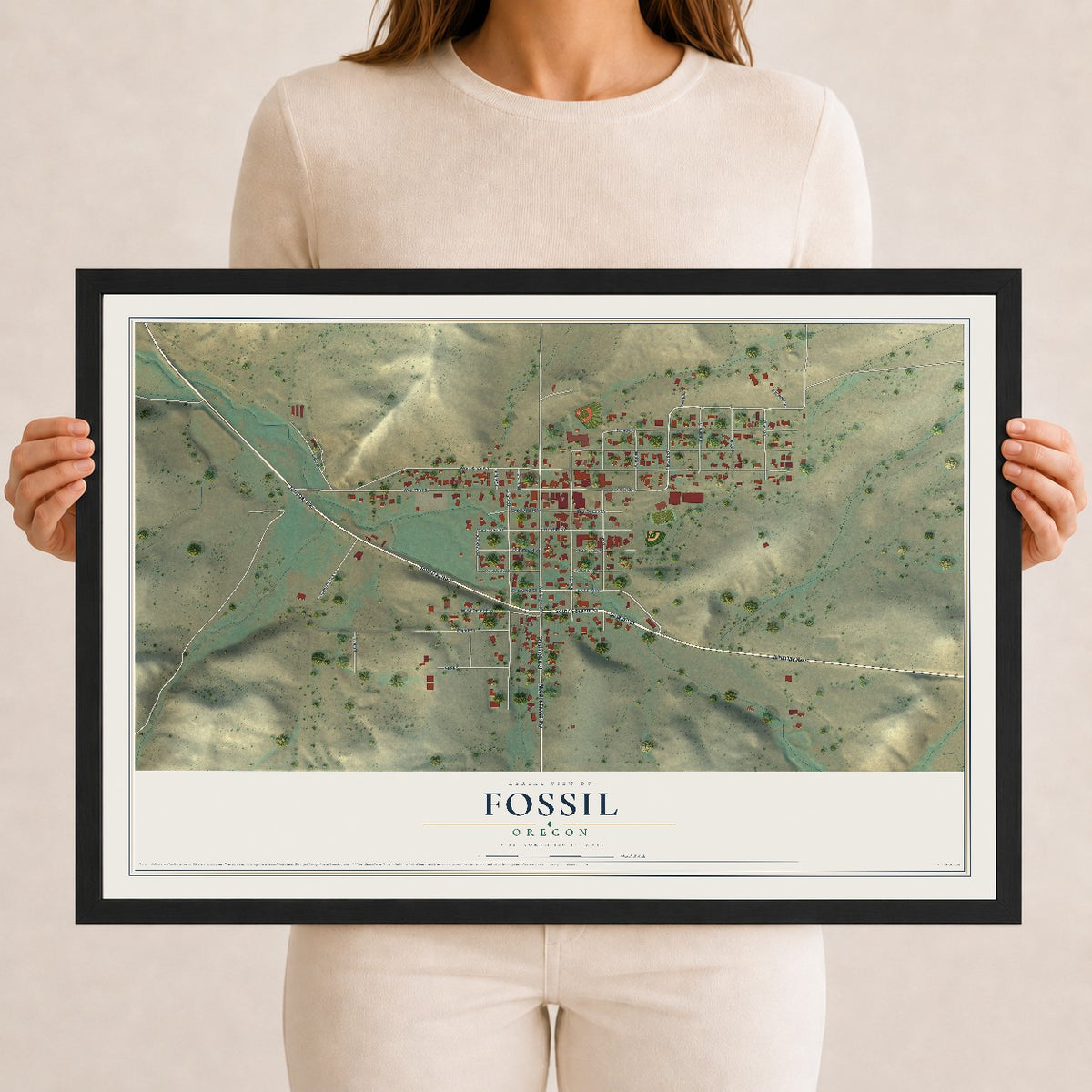 Map of Fossil, Oregon, 12 x 18 inch print in a black wood frame
