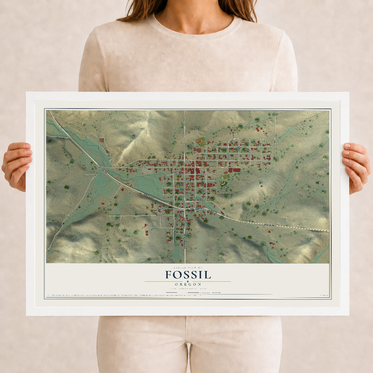 Map of Fossil, Oregon, 12 x 18 inch print in a white wood frame