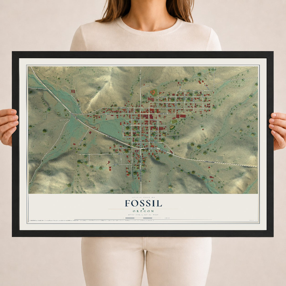 Map of Fossil, Oregon, 18 x 24 inch print in a black wood frame