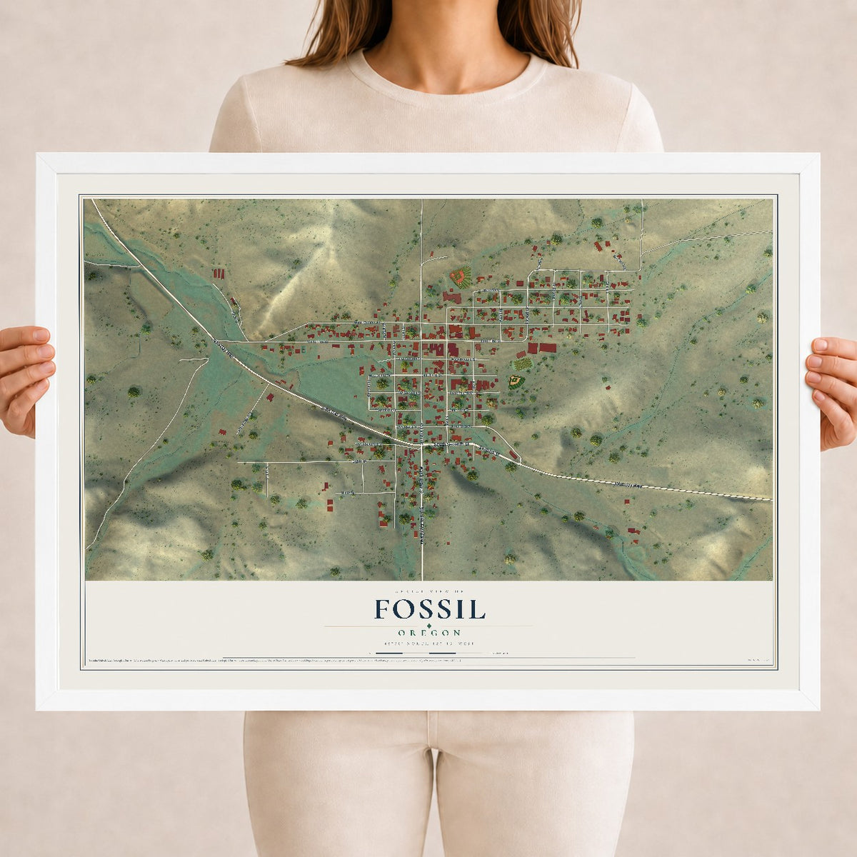 Map of Fossil, Oregon, 18 x 24 inch print in a white wood frame