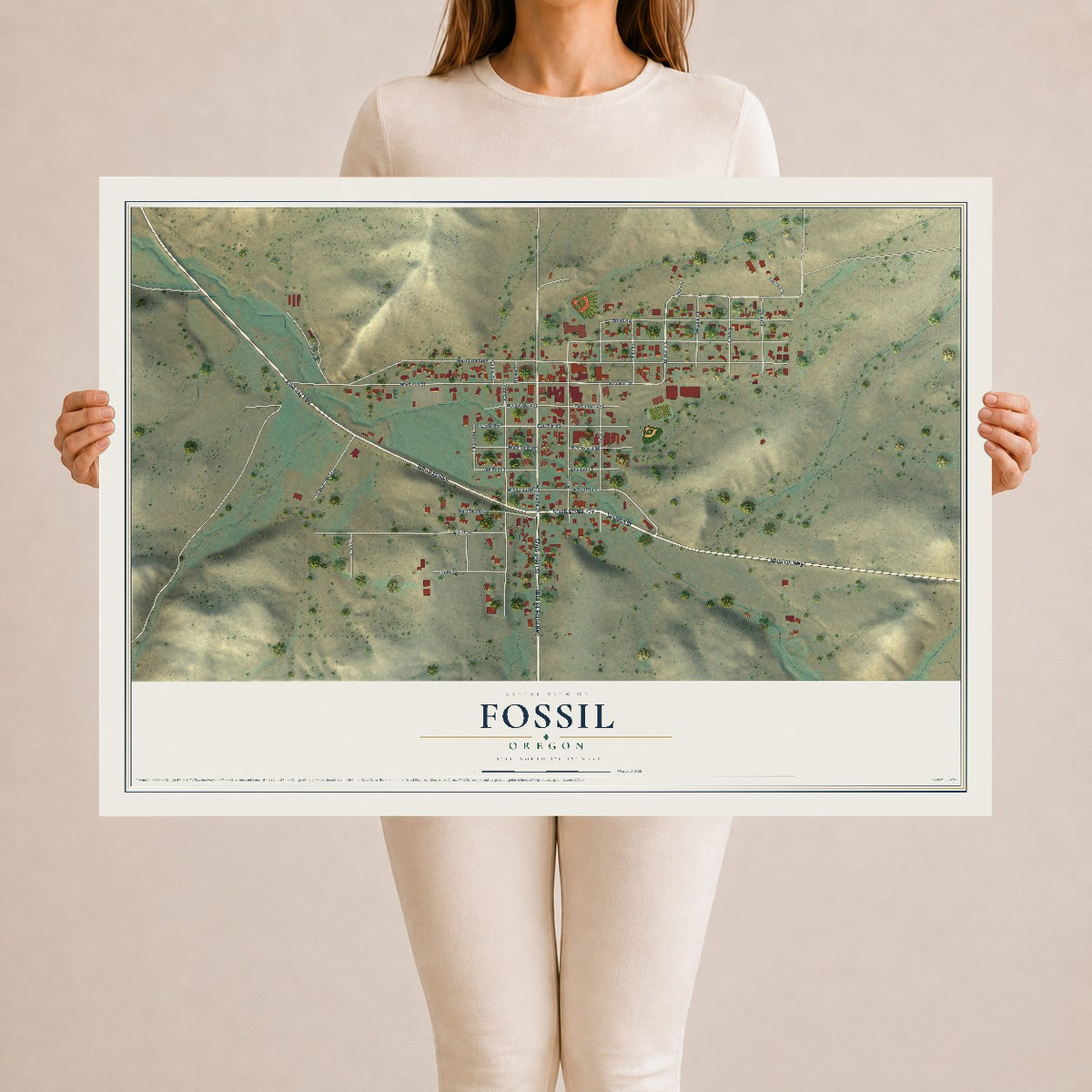 Map of Fossil, Oregon, 24 x 36 inch unframed archival matte print