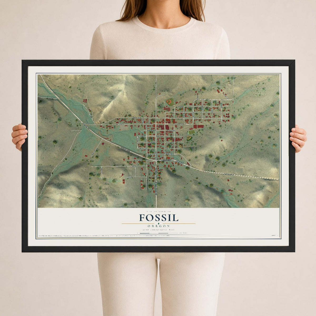 Map of Fossil, Oregon, 24 x 36 inch print in a black wood frame