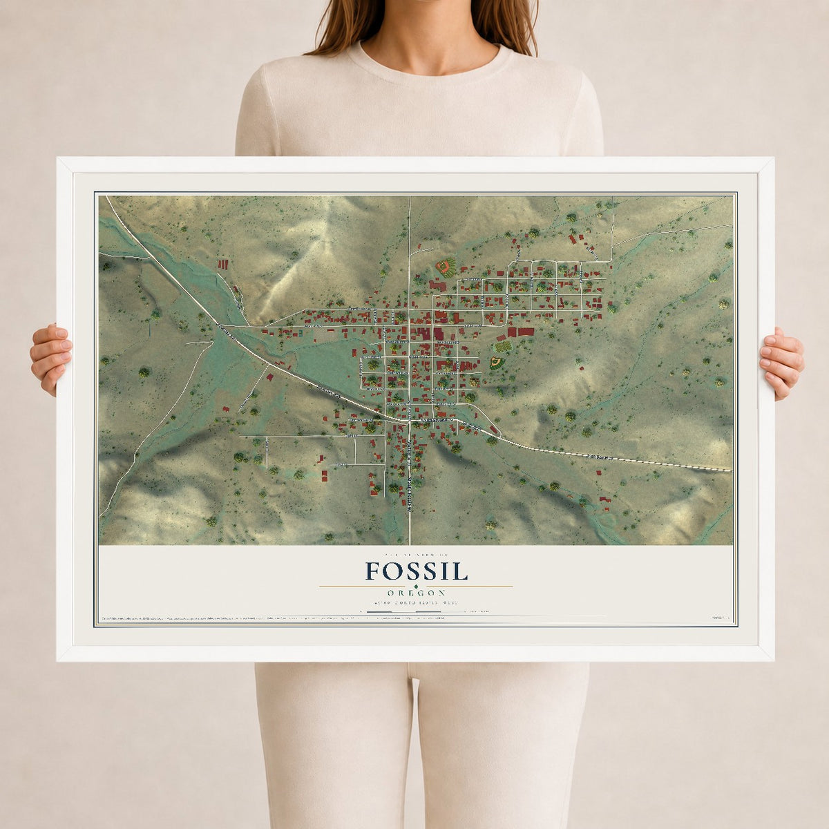Map of Fossil, Oregon, 24 x 36 inch print in a white wood frame
