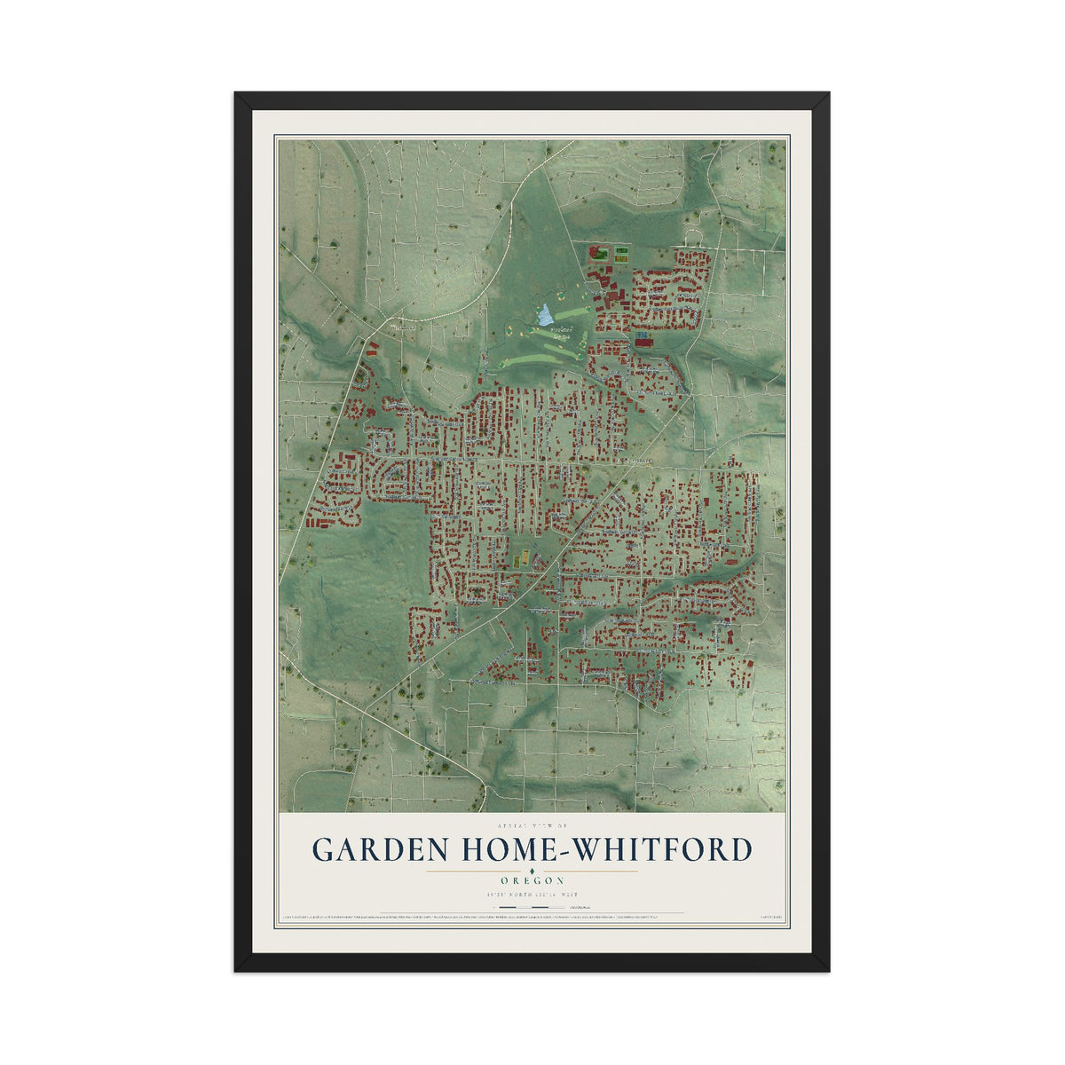 Map of Garden Home-Whitford, Oregon, 12 x 18 inch print in a black wood frame
