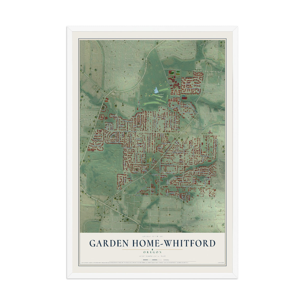 Map of Garden Home-Whitford, Oregon, 12 x 18 inch print in a white wood frame