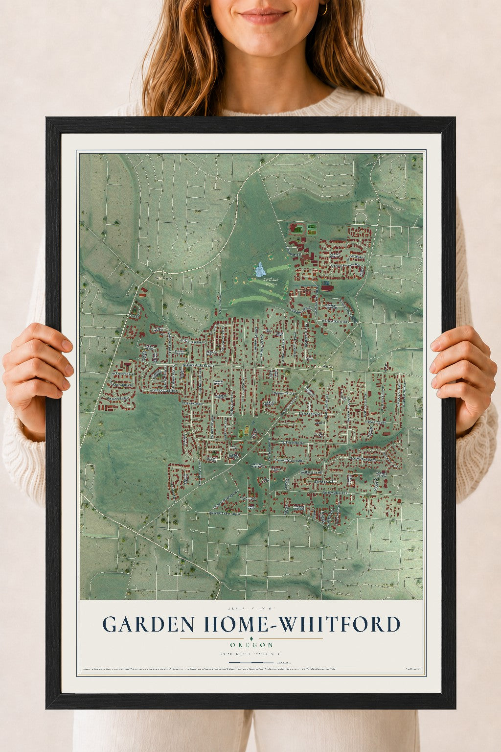 Map of Garden Home-Whitford, Oregon, 18 x 24 inch print in a black wood frame