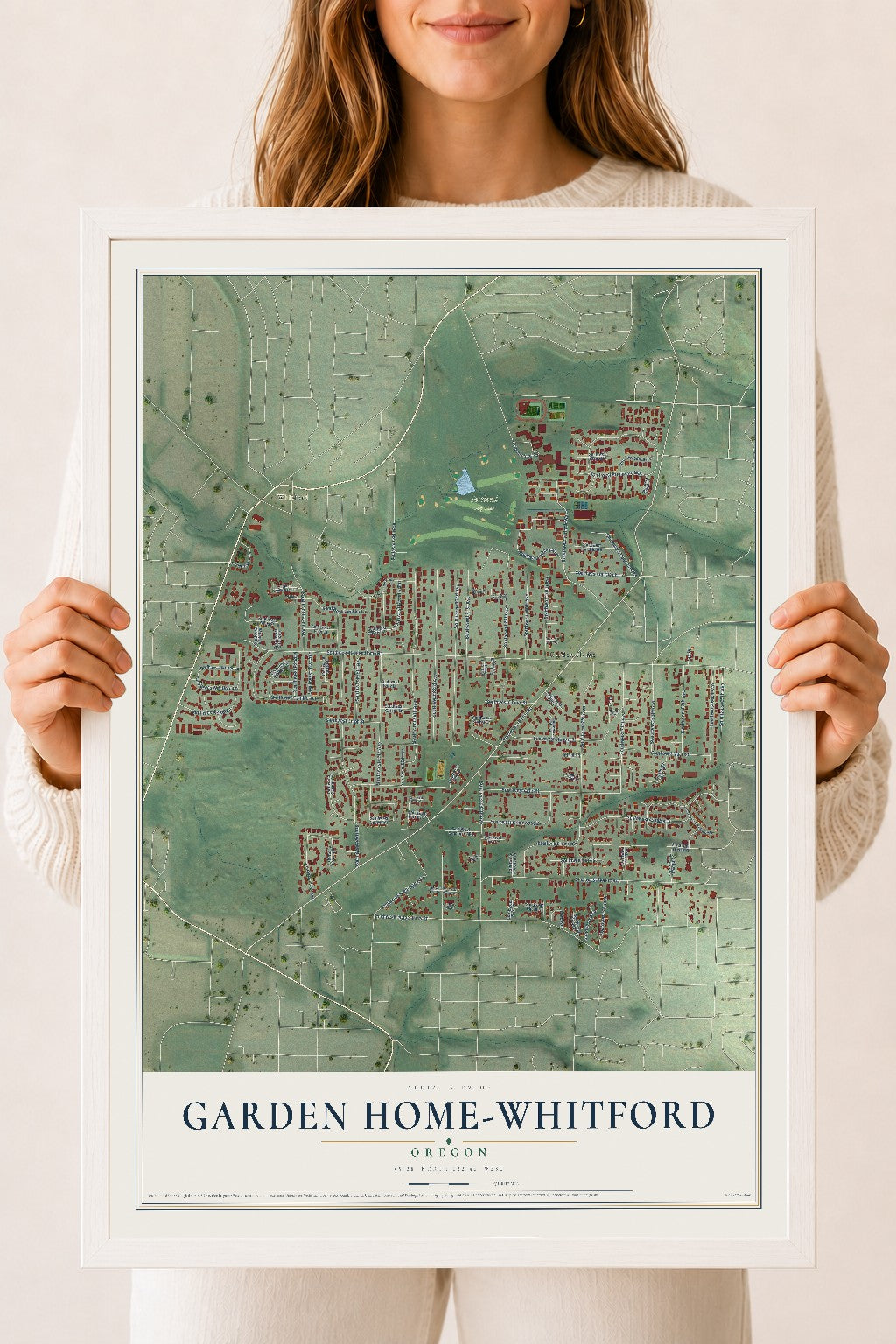 Map of Garden Home-Whitford, Oregon, 18 x 24 inch print in a white wood frame