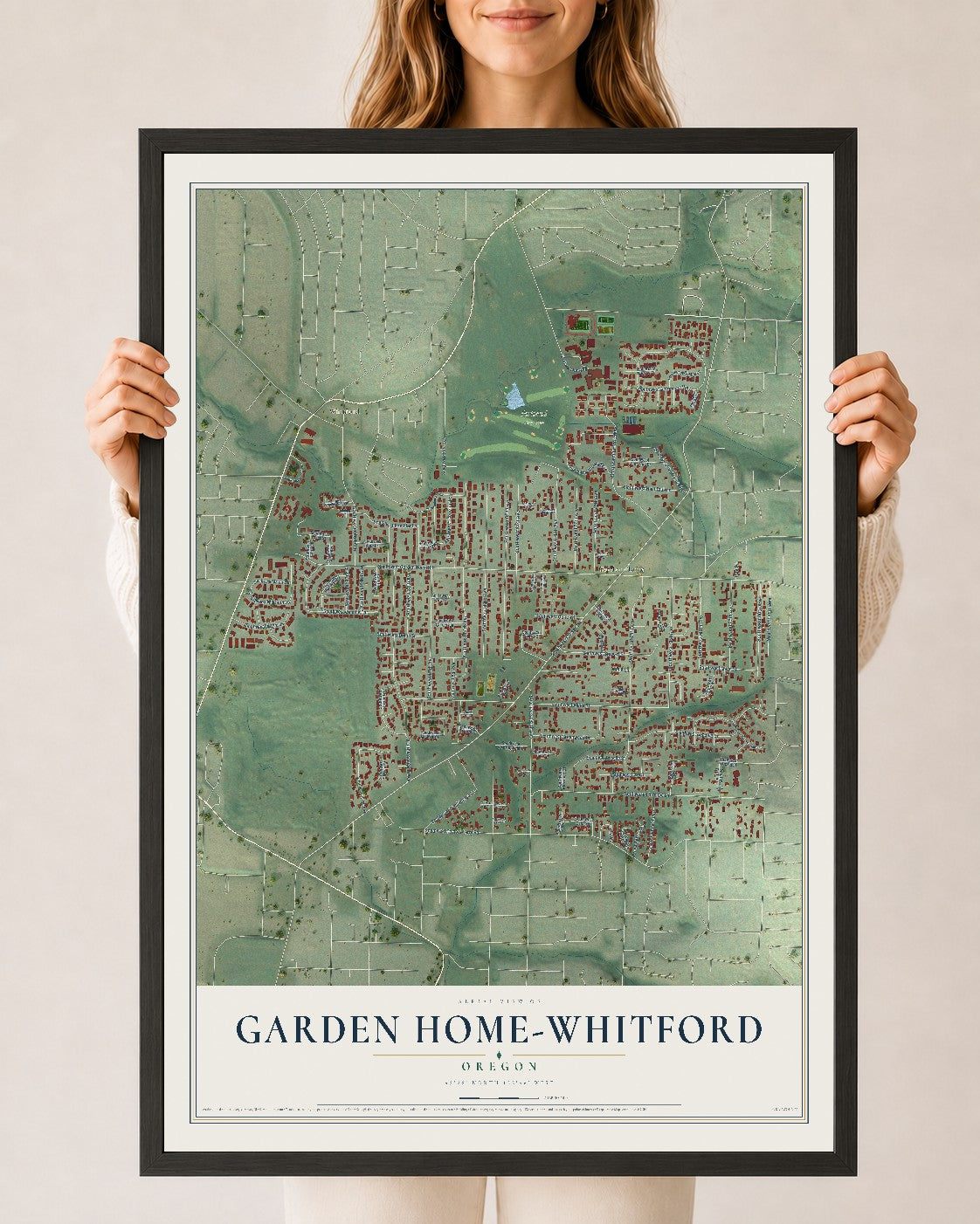 Map of Garden Home-Whitford, Oregon, 24 x 36 inch print in a black wood frame
