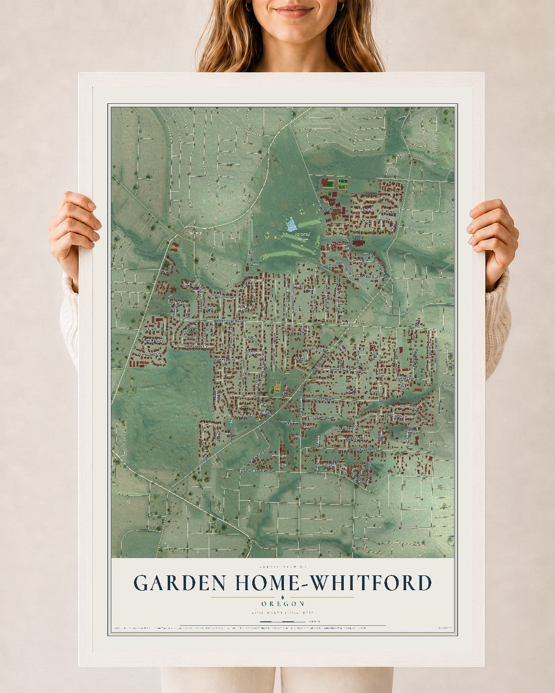 Map of Garden Home-Whitford, Oregon, 24 x 36 inch print in a white wood frame
